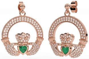 Diamond Emerald Rose Gold Silver Claddagh Dangle Earrings