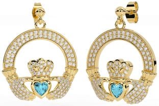 Diamante Aguamarina Oro Plata Claddagh Colgar Pendientes