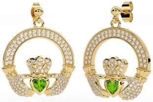 Diamond Peridot Gold Silver Claddagh Dangle Earrings