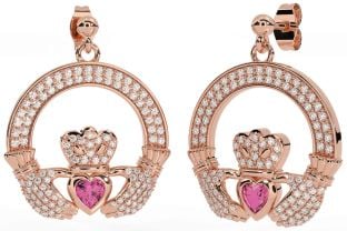 Diamond Pink Tourmaline Rose Gold Claddagh Dangle Earrings