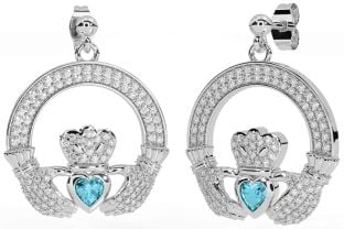 Diamond Aquamarine Silver Claddagh Dangle Earrings