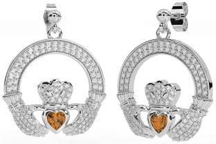 Diamond Citrine Silver Claddagh Dangle Earrings