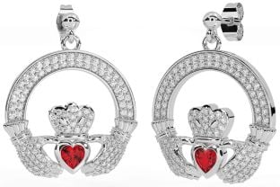 Diamond Ruby Silver Claddagh Dangle Earrings