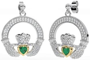 Diamond Emerald Gold Silver Claddagh Dangle Earrings