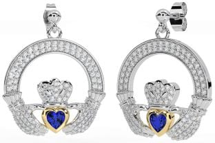 Diamond Sapphire Gold Silver Claddagh Dangle Earrings