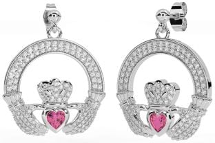 Diamant Roze Toermalijn Wit Goud Claddagh Bengelen Oorbellen