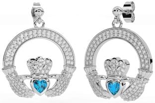 Diamante Topacio Blanco Oro Claddagh Colgar Pendientes