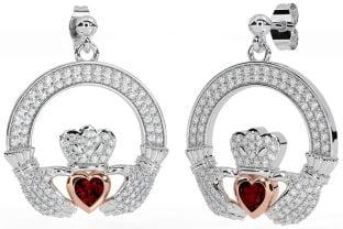 Diamante Granato Bianco Rosa Oro Claddagh Penzolare Orecchini