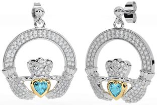 Diamond Aquamarine White Yellow Gold Claddagh Dangle Earrings