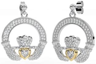 Diamant Weiß Gelb Gold Claddagh Baumeln Ohrringe