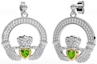 Diamante Peridoto Bianco Giallo Oro Claddagh Penzolare Orecchini