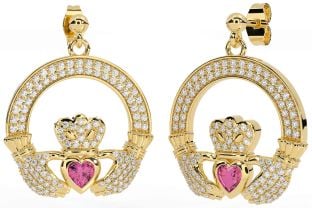 Turmalina Rosa Diamante Brincos pendentes Claddagh em ouro