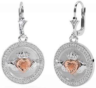 Rose Gold Silver Celtic Claddagh Dangle Earrings