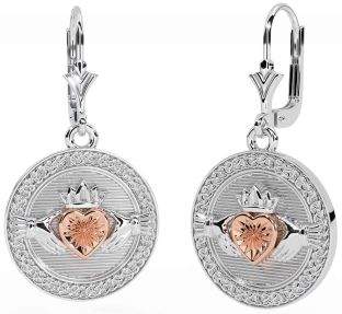 White Rose Gold Celtic Claddagh Dangle Earrings