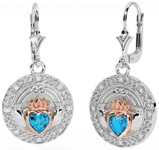 Diamond Topaz Rose Gold Silver Celtic Claddagh Dangle Earrings