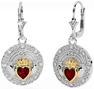 Diamond Garnet Gold Silver Celtic Claddagh Dangle Earrings