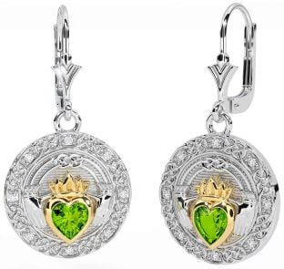 Diamond Peridot Gold Silver Celtic Claddagh Dangle Earrings