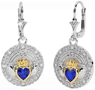 Diamond Sapphire Gold Silver Celtic Claddagh Dangle Earrings