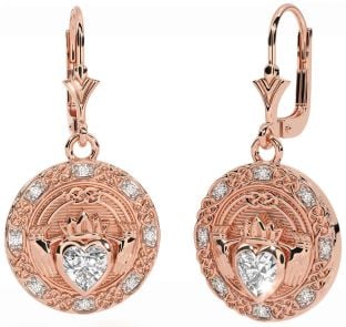 Diamond Rose Gold Silver Celtic Claddagh Dangle Earrings