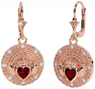 Diamond Garnet Rose Gold Silver Celtic Claddagh Dangle Earrings