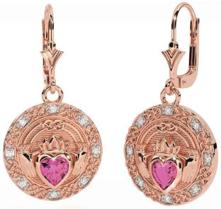 Diamant Roze Toermalijn Roos Goud Zilver Keltisch Claddagh Bengelen Oorbellen