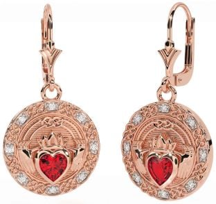 Diamond Ruby Rose Gold Silver Celtic Claddagh Dangle Earrings