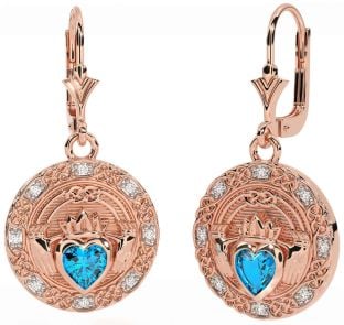 Diamond Topaz Rose Gold Silver Celtic Claddagh Dangle Earrings