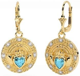 Diamond Aquamarine Gold Silver Celtic Claddagh Dangle Earrings
