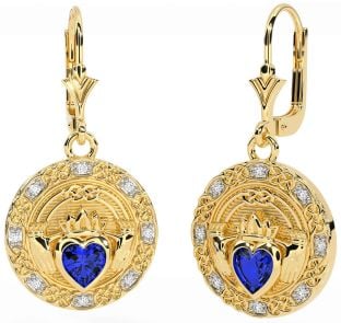 Diamond Sapphire Gold Silver Celtic Claddagh Dangle Earrings