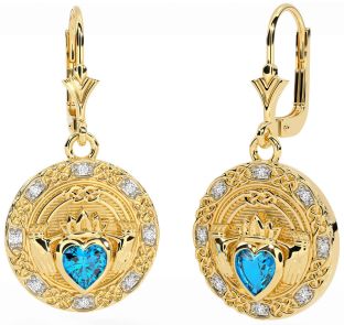 Diamond Topaz Gold Silver Celtic Claddagh Dangle Earrings