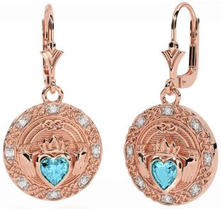 Diamond Aquamarine Rose Gold Celtic Claddagh Dangle Earrings