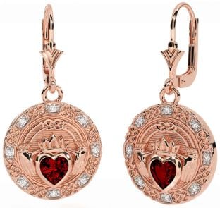Diamond Garnet Rose Gold Celtic Claddagh Dangle Earrings