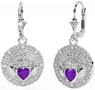 Diamant Amethist Zilver Keltisch Claddagh Bengelen Oorbellen