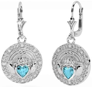 Diamant Aquamarijn Zilver Keltisch Claddagh Bengelen Oorbellen