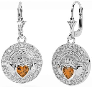 Diamond Citrine Silver Celtic Claddagh Dangle Earrings