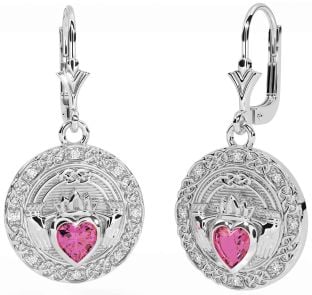 Diamante Rosa turmalina Plata céltico Claddagh Colgar Pendientes