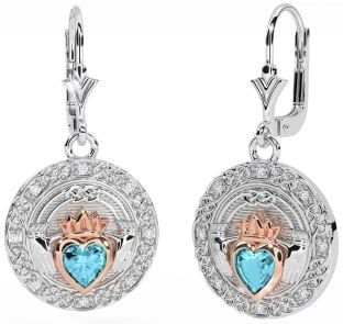 Diamant Aquamarin Rose Gold Silber keltisch Claddagh Baumeln Ohrringe