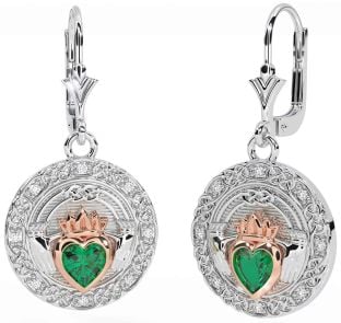 Diamant émeraude Rose Or Argent celtique Claddagh Pendre Des boucles d'oreilles