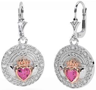 Diamant Rose Tourmalines Rose Or Argent celtique Claddagh Pendre Des boucles d'oreilles