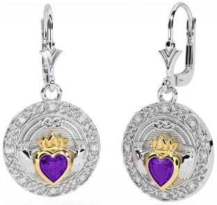 Diamond Amethyst Gold Silver Celtic Claddagh Dangle Earrings