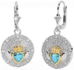 Diamant Aquamarin Gold Silber keltisch Claddagh Baumeln Ohrringe