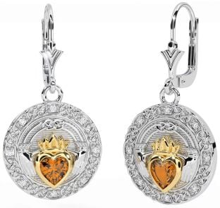 Diamante Citrino Oro Plata céltico Claddagh Colgar Pendientes