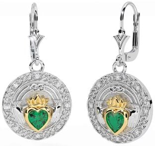 Diamond Emerald Gold Silver Celtic Claddagh Dangle Earrings