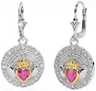 Diamant Roze Toermalijn Goud Zilver Keltisch Claddagh Bengelen Oorbellen