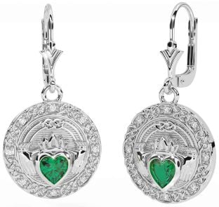 Diamante Smeraldo Bianco Oro celtico Claddagh Penzolare Orecchini