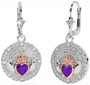 Diamant Améthyste Blanc Rose Or celtique Claddagh Pendre Des boucles d'oreilles