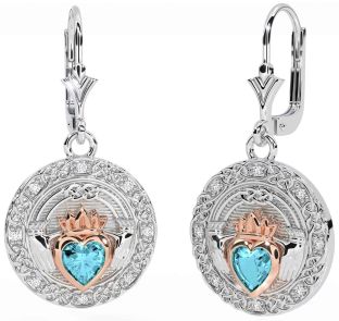 Diamant Aquamarin Weiß Rose Gold keltisch Claddagh Baumeln Ohrringe