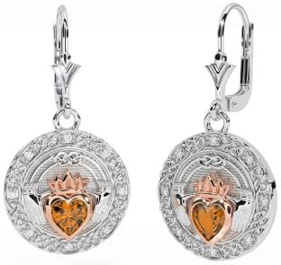 Diamant Citrine Blanc Rose Or celtique Claddagh Pendre Des boucles d'oreilles