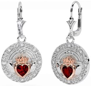 Diamant Grenat Blanc Rose Or celtique Claddagh Pendre Des boucles d'oreilles