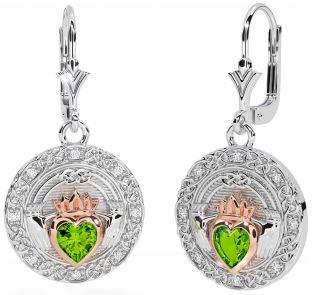 Diamant Peridot biely Ružové Zlato keltský Claddagh Visieť Náušnice